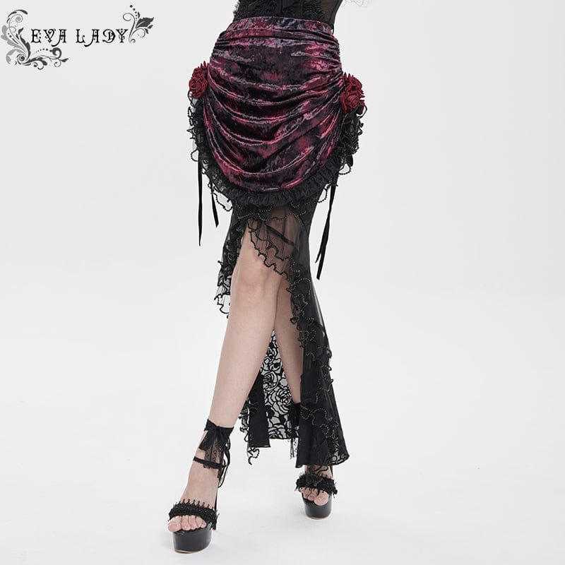 EVA LADY Women's Gothic Rose Lace-up Irregular Hem Skirt Black-Red