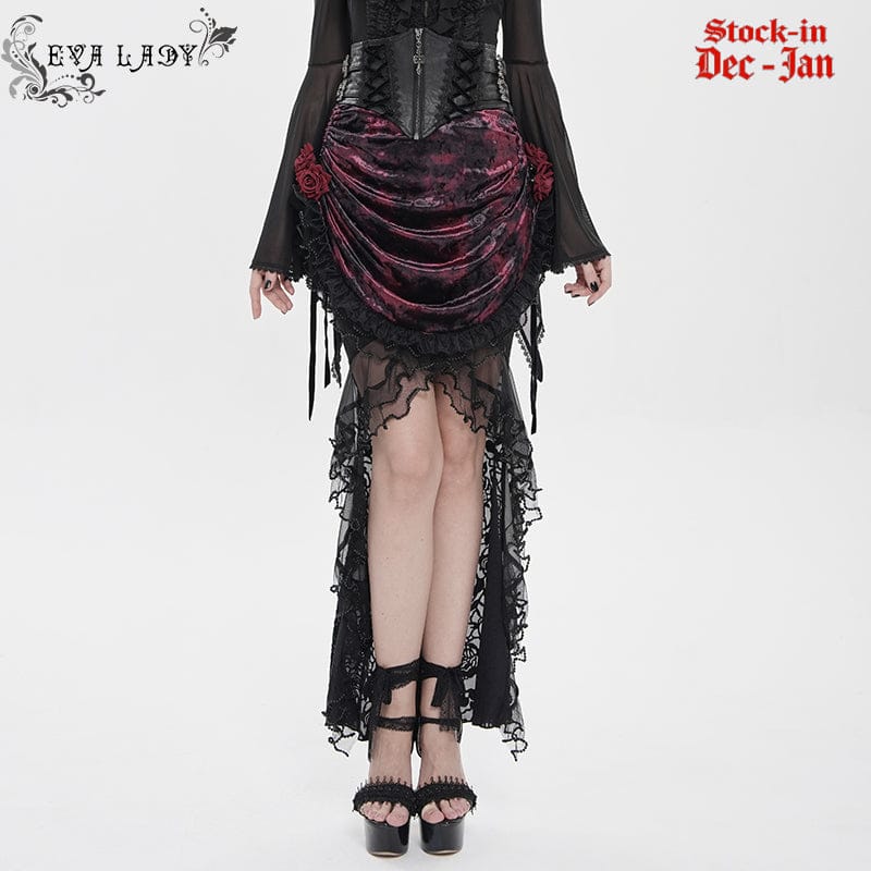 EVA LADY Women's Gothic Rose Lace-up Irregular Hem Skirt Black-Red