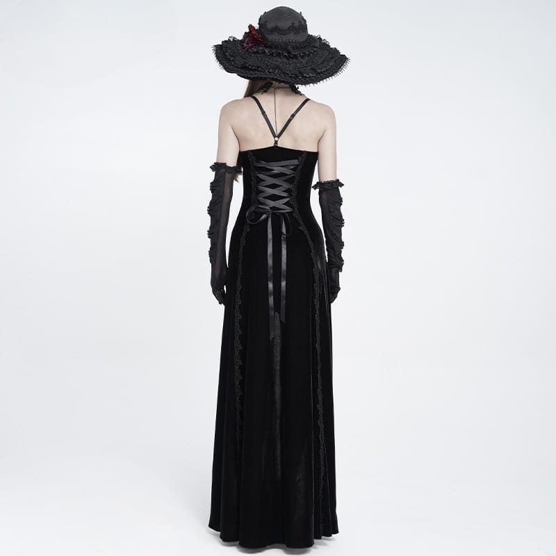 EVA LADY Women's Gothic Rose Lace-up Ruched High-Low Velvet Slip Dress