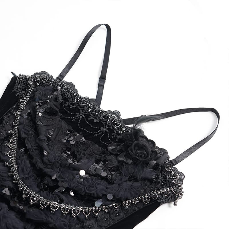 EVA LADY Women's Gothic Rose Lace-up Ruched High-Low Velvet Slip Dress