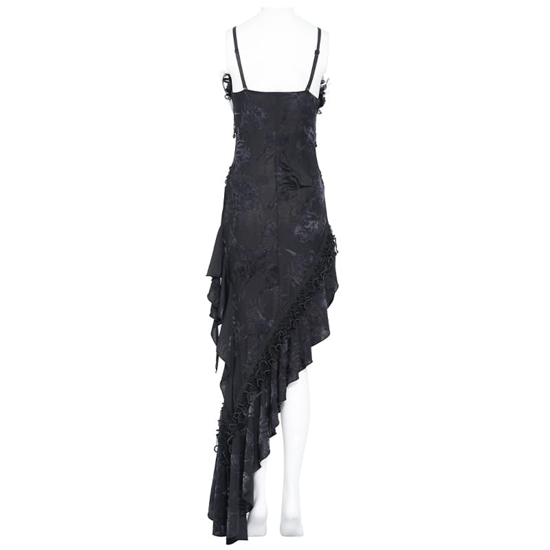EVA LADY Women's Gothic Rose Ruffle Beaded Fringe Asymmetric Slip Dress