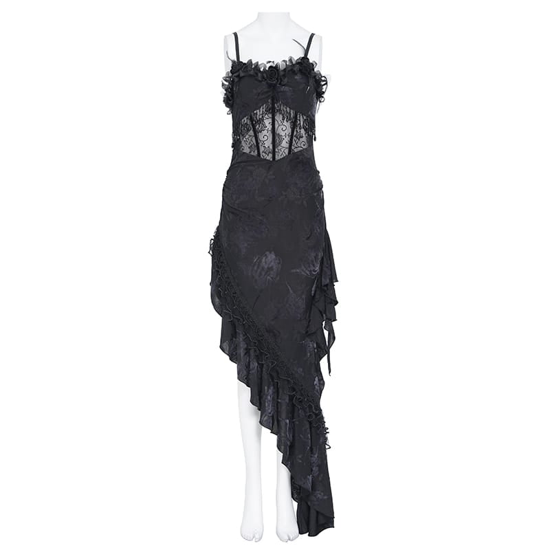 EVA LADY Women's Gothic Rose Ruffle Beaded Fringe Asymmetric Slip Dress