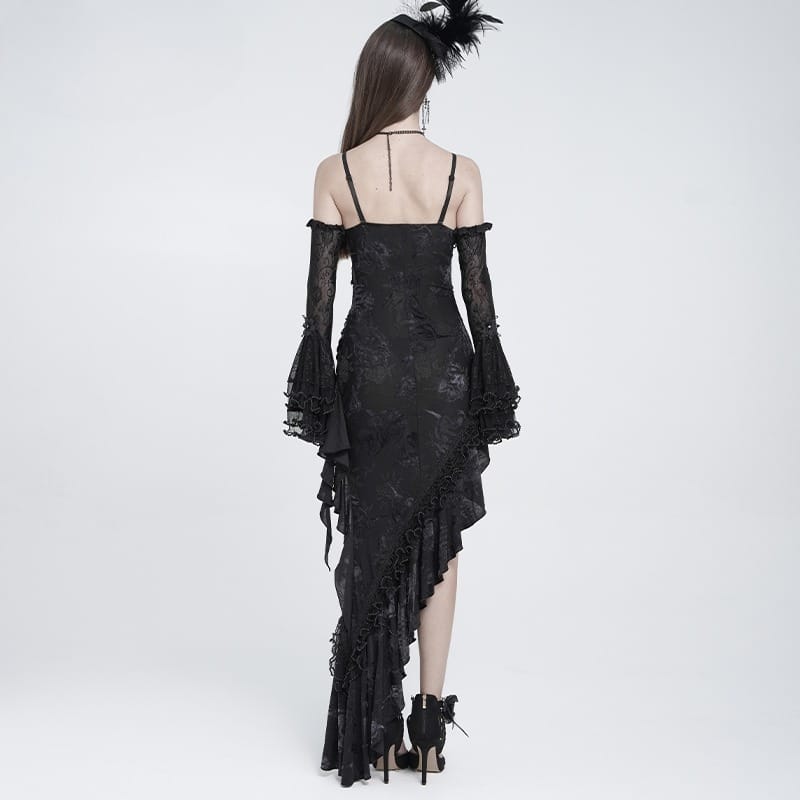 EVA LADY Women's Gothic Rose Ruffle Beaded Fringe Asymmetric Slip Dress