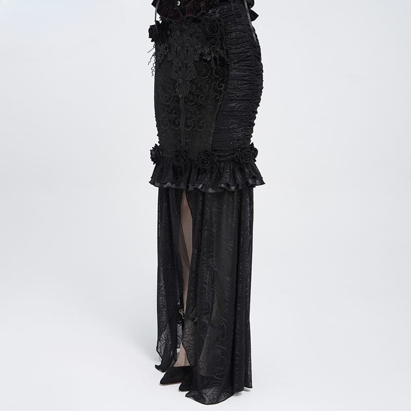 EVA LADY Women's Gothic Rose Ruffle Ruched Mermaid Long Skirt Black