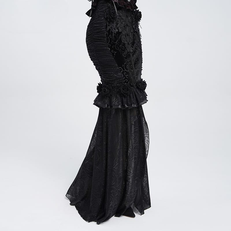EVA LADY Women's Gothic Rose Ruffle Ruched Mermaid Long Skirt Black