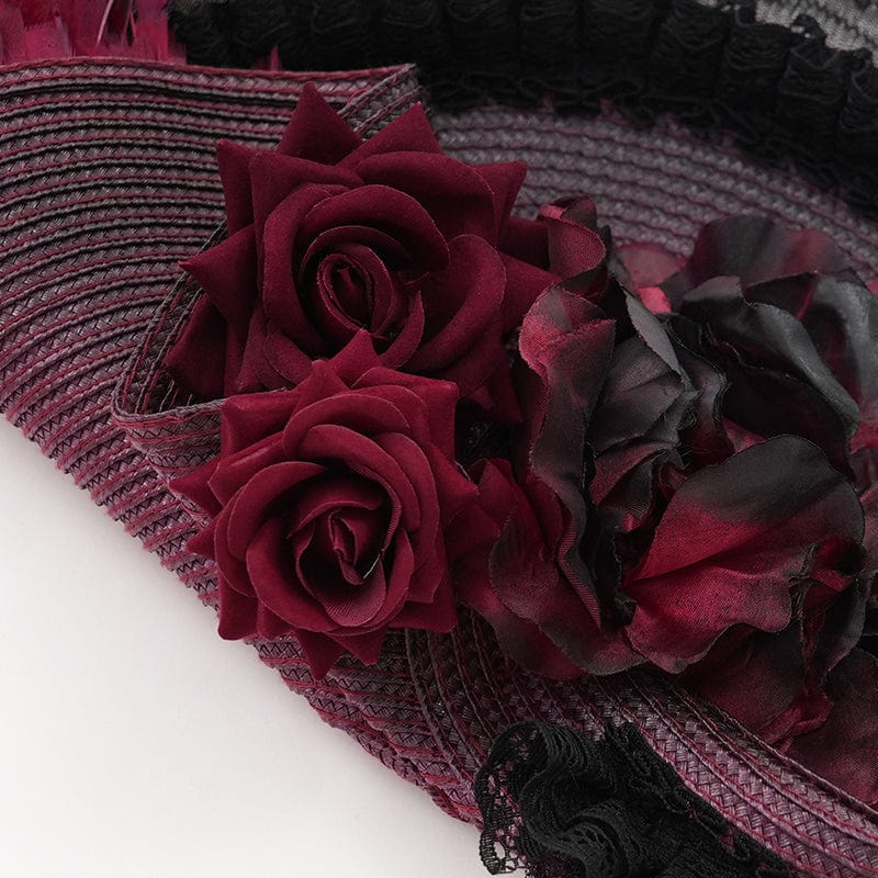 EVA LADY Women's Gothic Rose Ruffled Feathered Hat Black-red