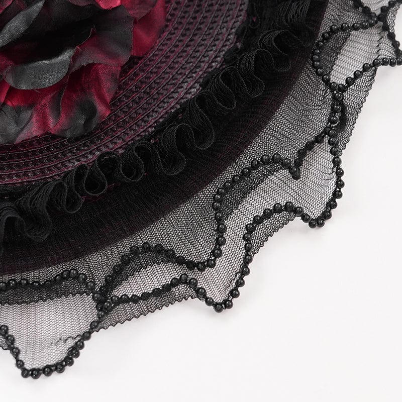 EVA LADY Women's Gothic Rose Ruffled Feathered Hat Black-red