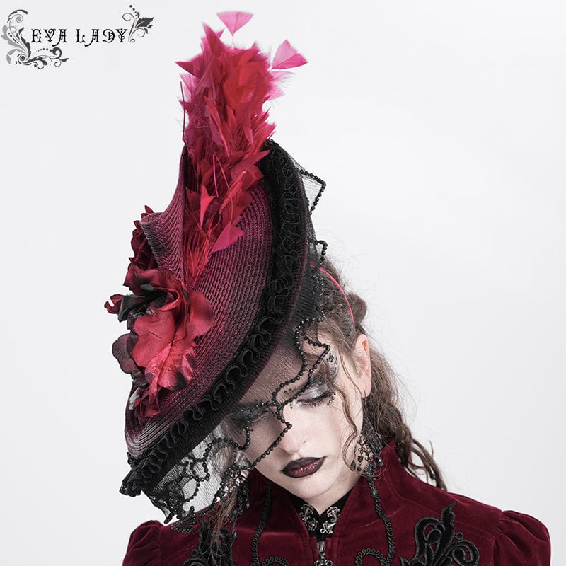 EVA LADY Women's Gothic Rose Ruffled Feathered Hat Black-red