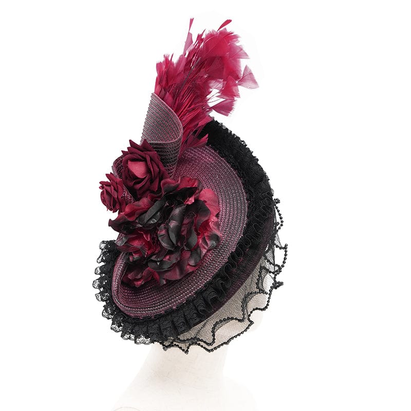 EVA LADY Women's Gothic Rose Ruffled Feathered Hat Black-red