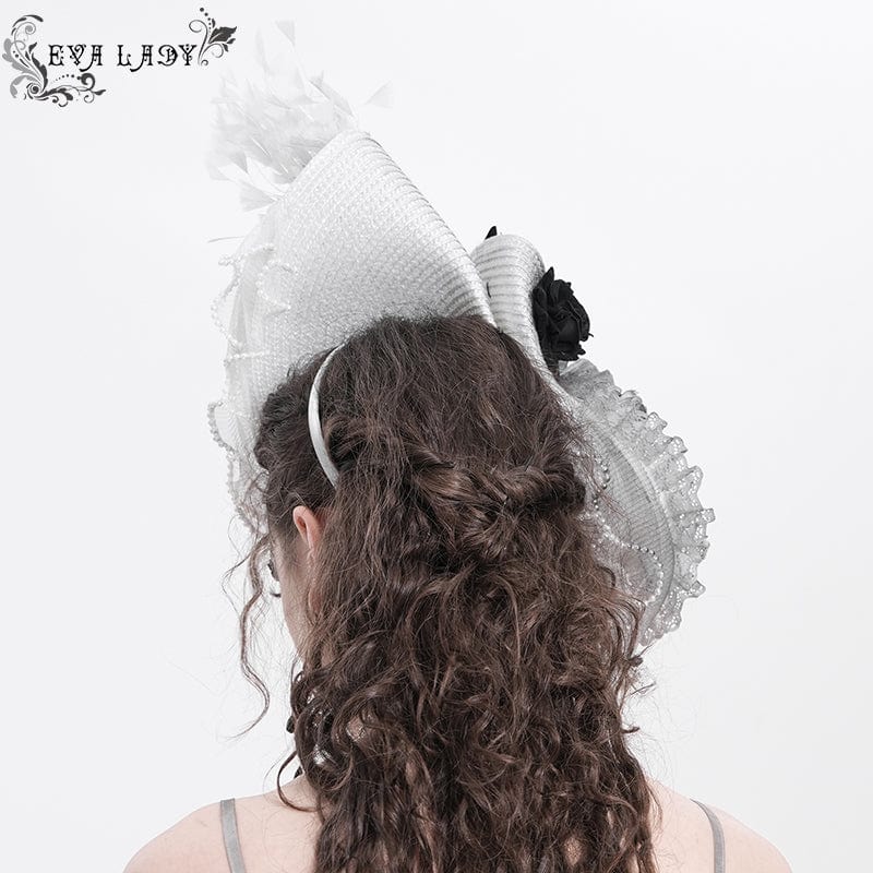 EVA LADY Women's Gothic Rose Ruffled Feathered Hat White-grey