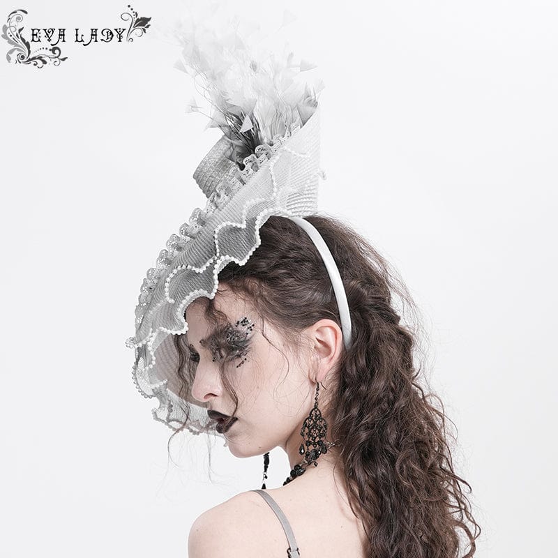 EVA LADY Women's Gothic Rose Ruffled Feathered Hat White-grey