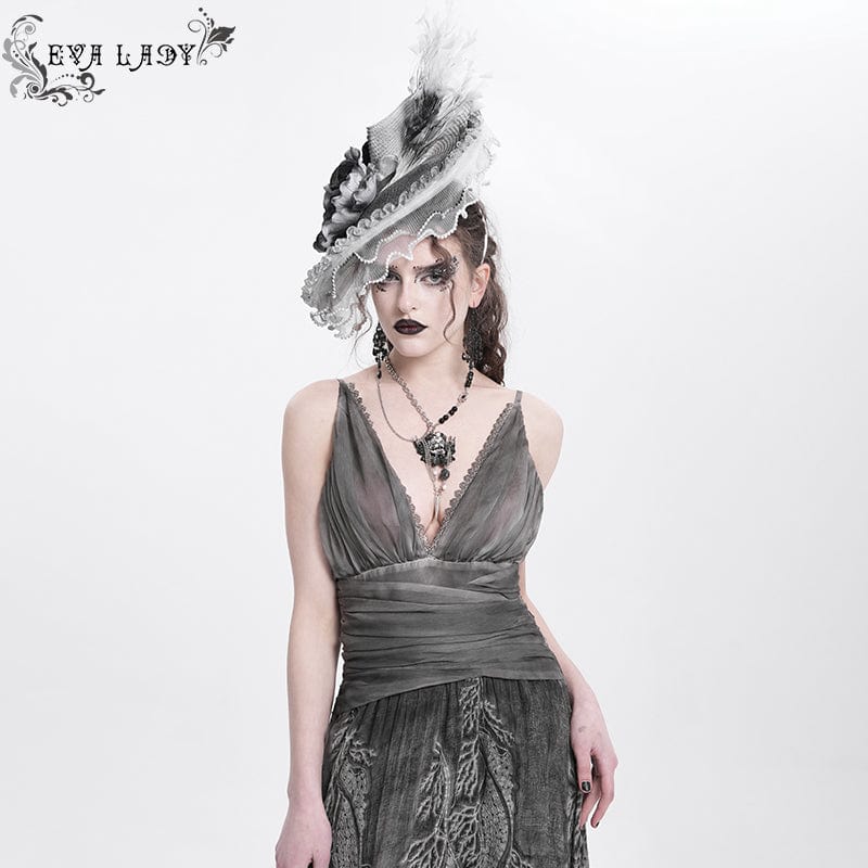 EVA LADY Women's Gothic Rose Ruffled Feathered Hat White-grey