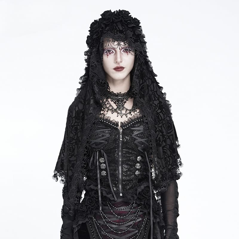 EVA LADY Women's Gothic Rose Ruffled Lace Trim Tassel Hooded Cape