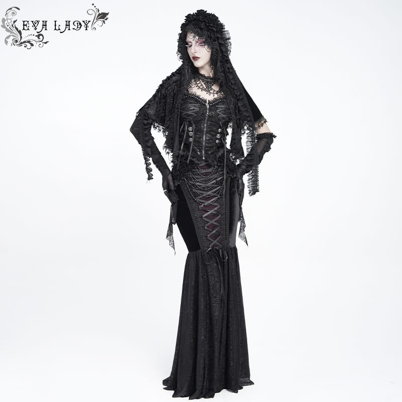 EVA LADY Women's Gothic Rose Ruffled Lace Trim Tassel Hooded Cape