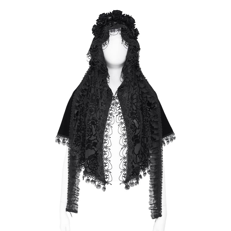 EVA LADY Women's Gothic Rose Ruffled Lace Trim Tassel Hooded Cape