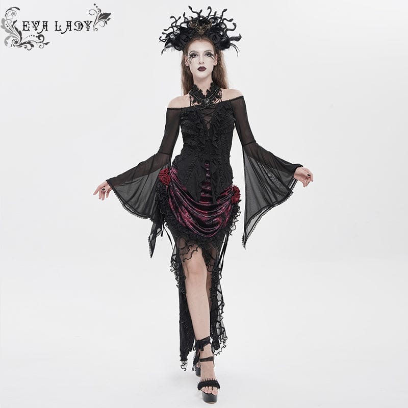 EVA LADY Women's Gothic Ruffled Off Shoulder Flared Sleeved Shirt Black