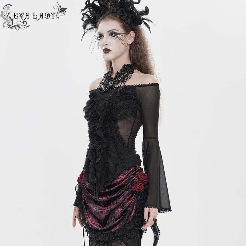 EVA LADY Women's Gothic Ruffled Off Shoulder Flared Sleeved Shirt Black