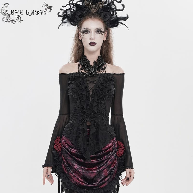 EVA LADY Women's Gothic Ruffled Off Shoulder Flared Sleeved Shirt Black