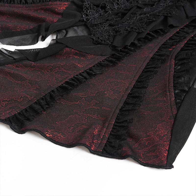 EVA LADY Women's Gothic Ruffled Off Shoulder Flared Sleeved Shirt Black-Red