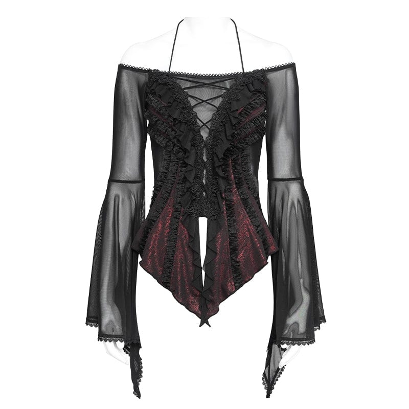 EVA LADY Women's Gothic Ruffled Off Shoulder Flared Sleeved Shirt Black-Red