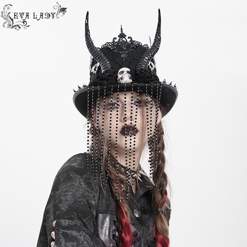 EVA LADY Women's Gothic Skull&Horn Beaded Hat