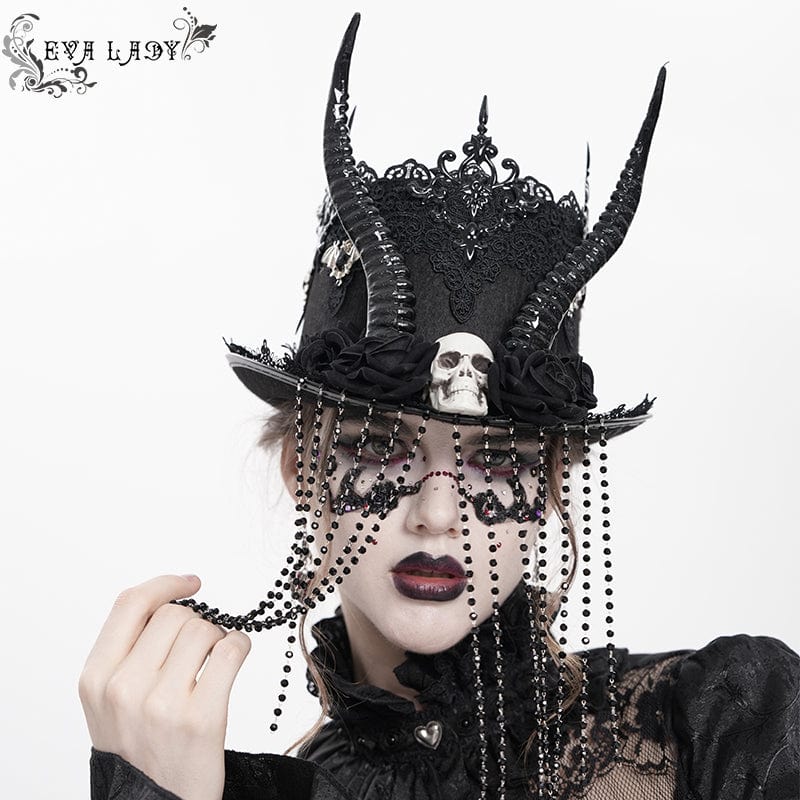 EVA LADY Women's Gothic Skull&Horn Beaded Hat