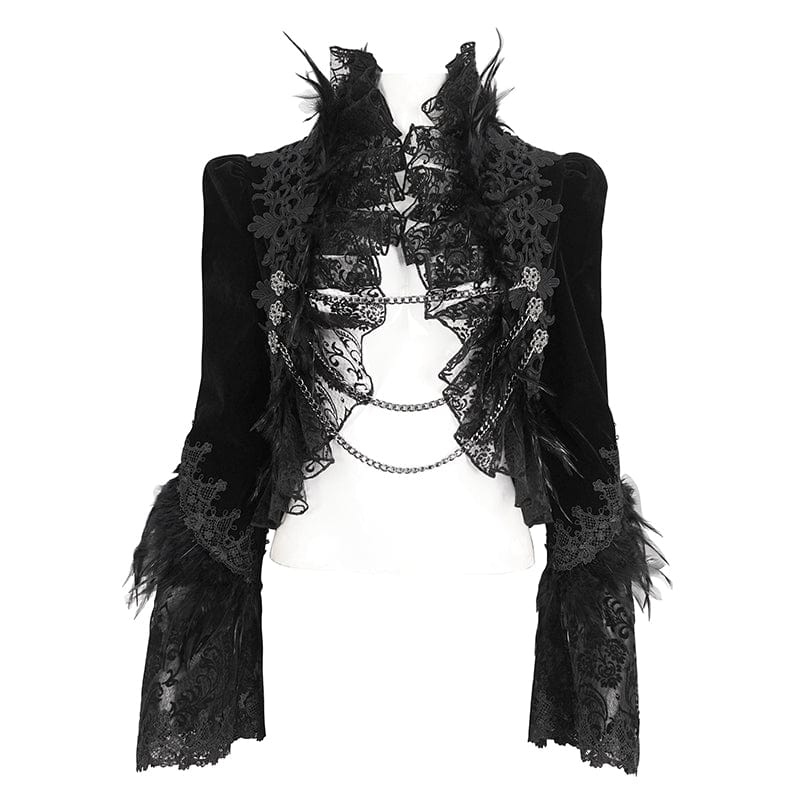 EVA LADY Women's Gothic Stand Collar Floral Embroidered Feather Jacket