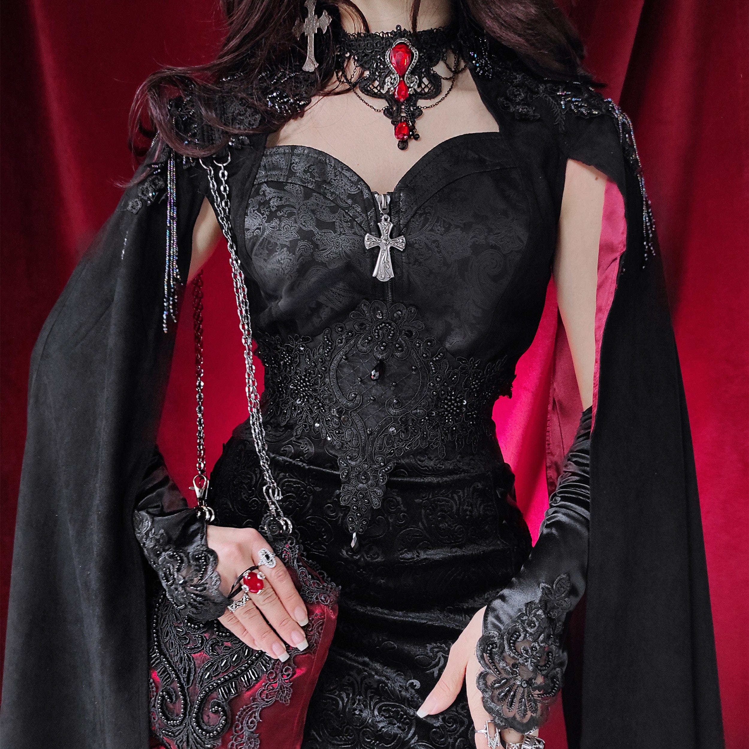 EVA LADY Women's Gothic Stand Collar Floral Embroidered Shirt