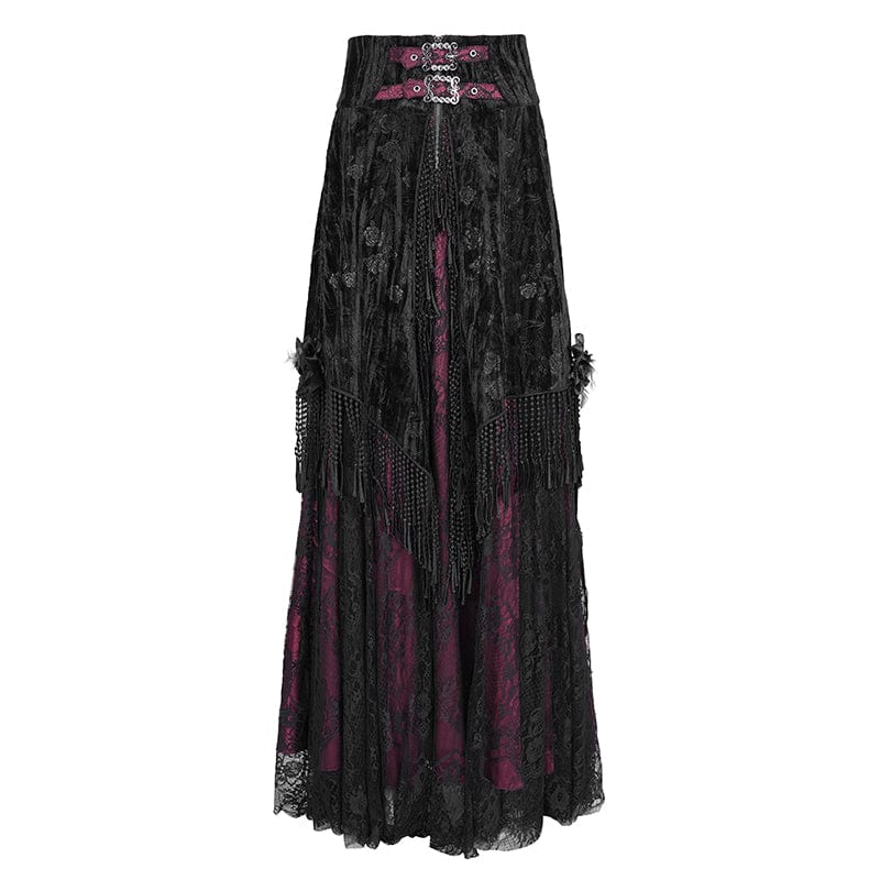 EVA LADY Women's Gothic Tassels Buckle-up Long Skirt Black Red