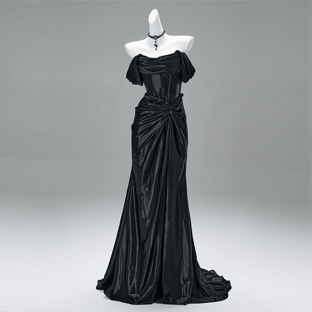 Kobine Custom Gothic Off Shoulder Ruffled Satin Mermaid Ball Gown Wedding Dress