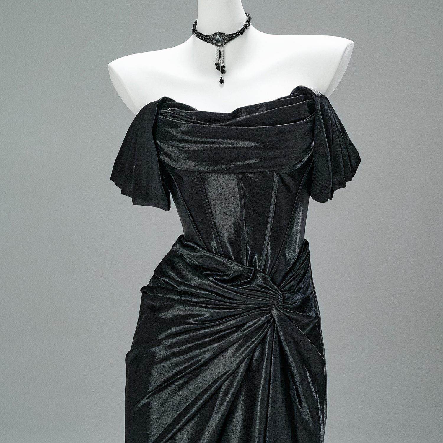 Kobine Custom Gothic Off Shoulder Ruffled Satin Mermaid Ball Gown Wedding Dress