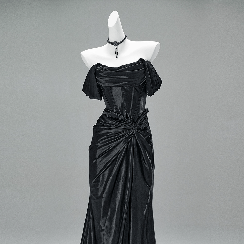 Kobine Custom Gothic Off Shoulder Ruffled Satin Mermaid Ball Gown Wedding Dress