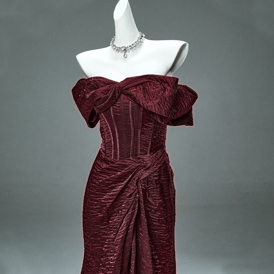 Kobine Custom-made Gothic Bowknot Lacing-up Strapless Tuxedo Red Gown