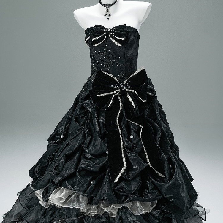 Kobine Custom-made Gothic Bowknot Pearl Multi-layer Splicing Strapless Gown Wedding Dress