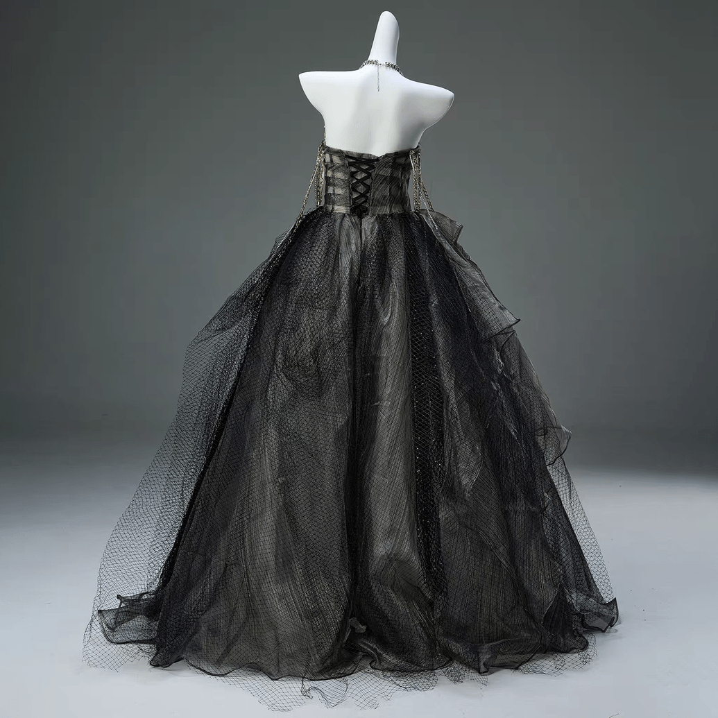 Kobine Custom-made Gothic Strapless Multi-layered Tulle Gown with Spider Chain