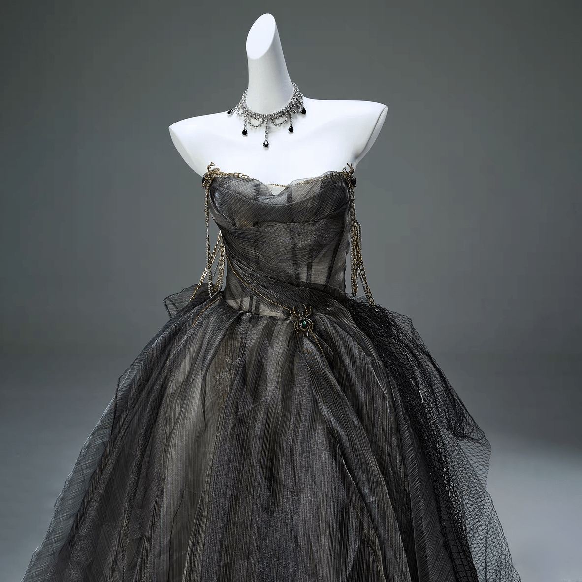 Kobine Custom-made Gothic Strapless Multi-layered Tulle Gown with Spider Chain