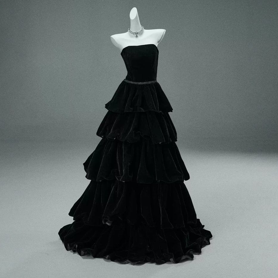 Kobine Custom-made Gothic Strapless Tie-back Multi-layer Velvet Gown Party Dress