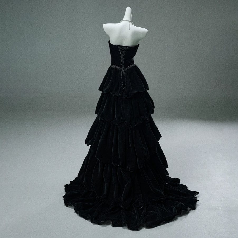 Kobine Custom-made Gothic Strapless Tie-back Multi-layer Velvet Gown Party Dress