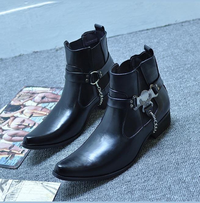 Kobine Men's Faux Leather Suede Pointed Toe Eagle Gusset Harness Ankle Boots