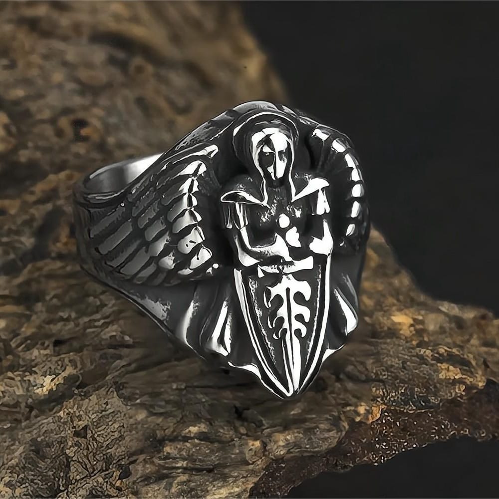 Kobine Men's Punk 3D Sculpted Angel Sword Shield Ring