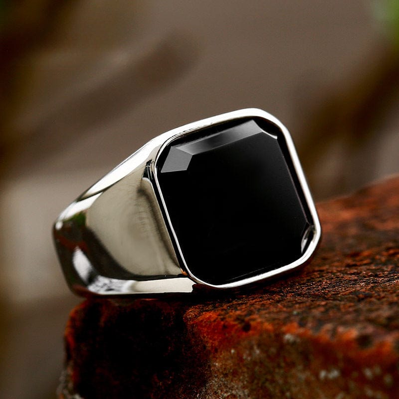 Kobine Men's Punk Black Agate Ring