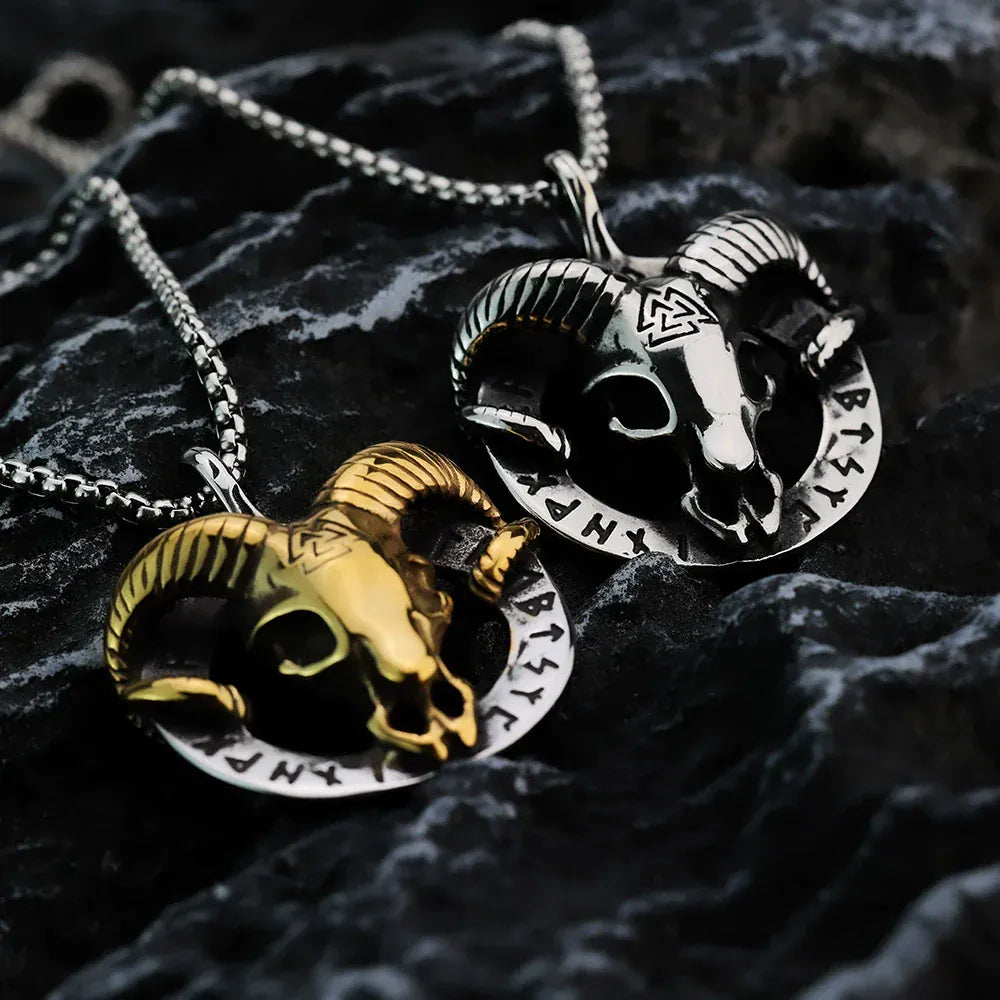Kobine Men's Punk Ram Skull & Norse Runes Pendant Necklace