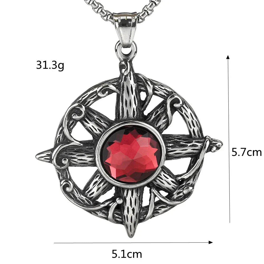 Kobine Men's Punk Retro Ornate Pattern & Red Gemstone Necklace