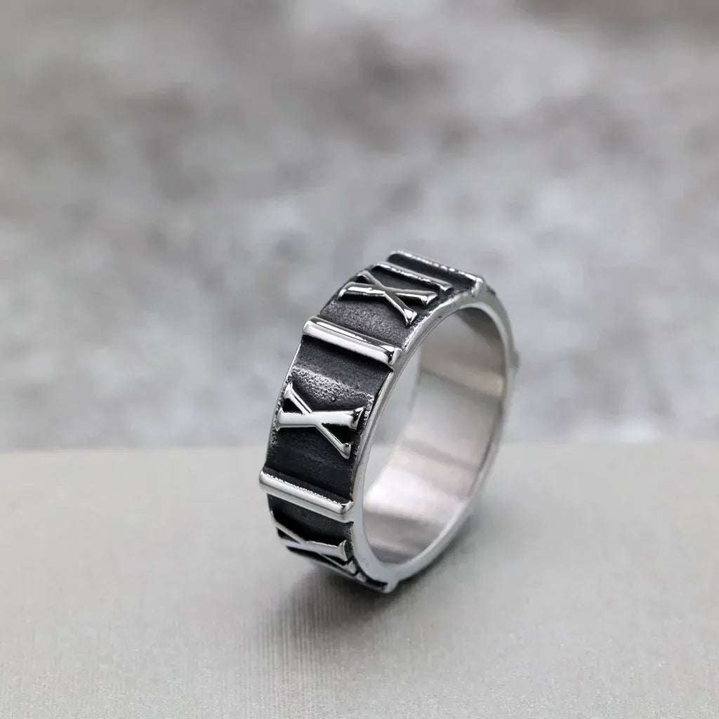 Kobine Men's Punk Roman Numeral Pattern Ring