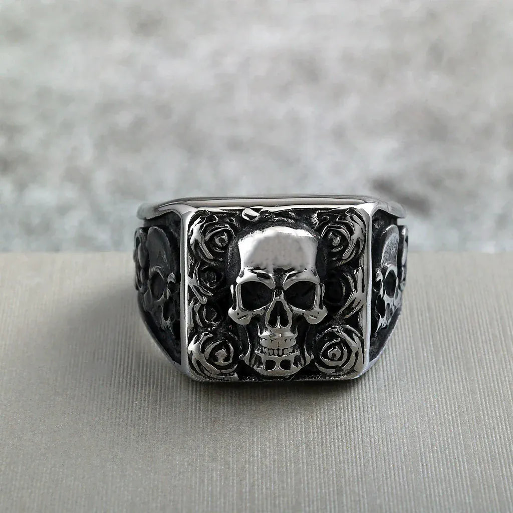 Kobine Men's Punk Skull Rose Ring