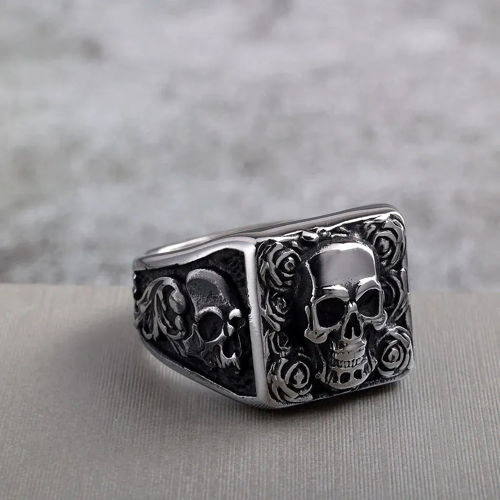 Kobine Men's Punk Skull Rose Ring