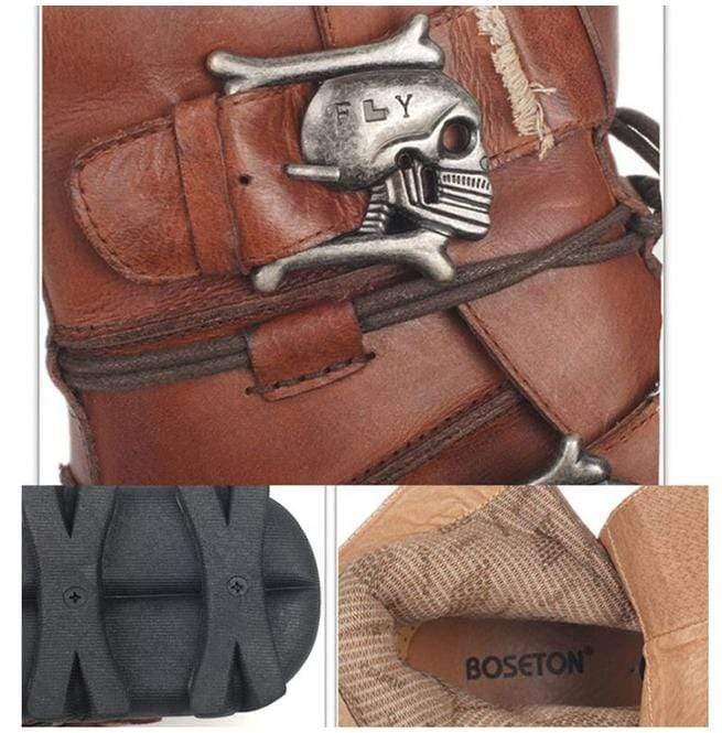 Kobine Men's Punk Skull Straps Cowhide Leather Boots