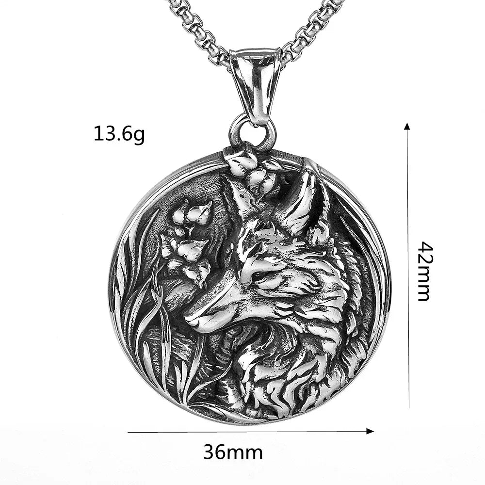 Kobine Men's Punk Viking Wolf Head Round Necklace