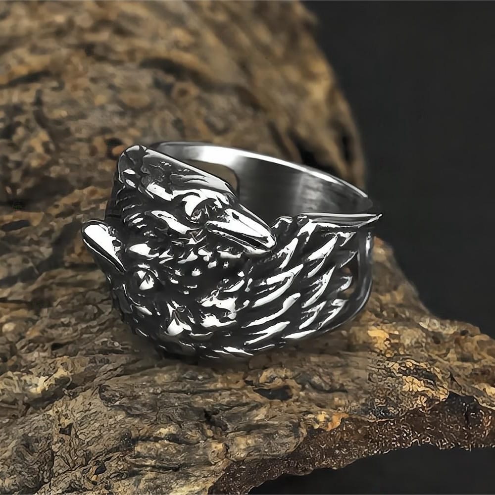 Kobine Men's Punk Vintage 3D Two Raven Ring