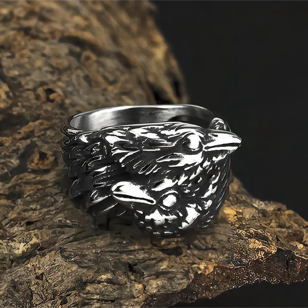 Kobine Men's Punk Vintage 3D Two Raven Ring